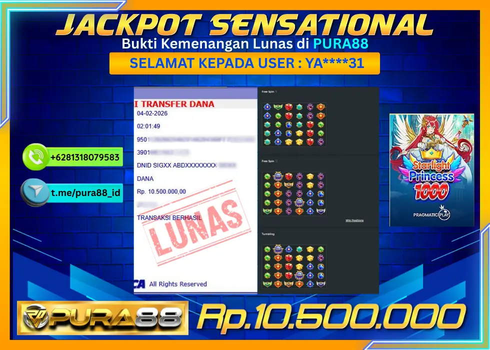 PURA88 JACKPOT STARLIGHT PRINCESS 1000 Rp 10.500.000,- LUNAS
